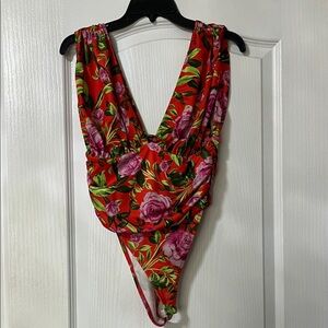 Zara Red Floral Plunge Bodysuit with Pink Roses